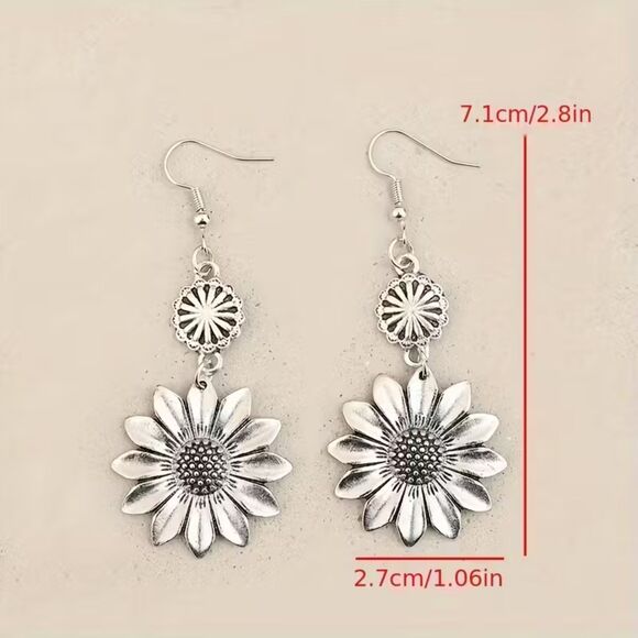 Sunflower Silver Drop Earrings Boho Floral Dangle Pendant Charm Retro Long Cute - Picture 4 of 4